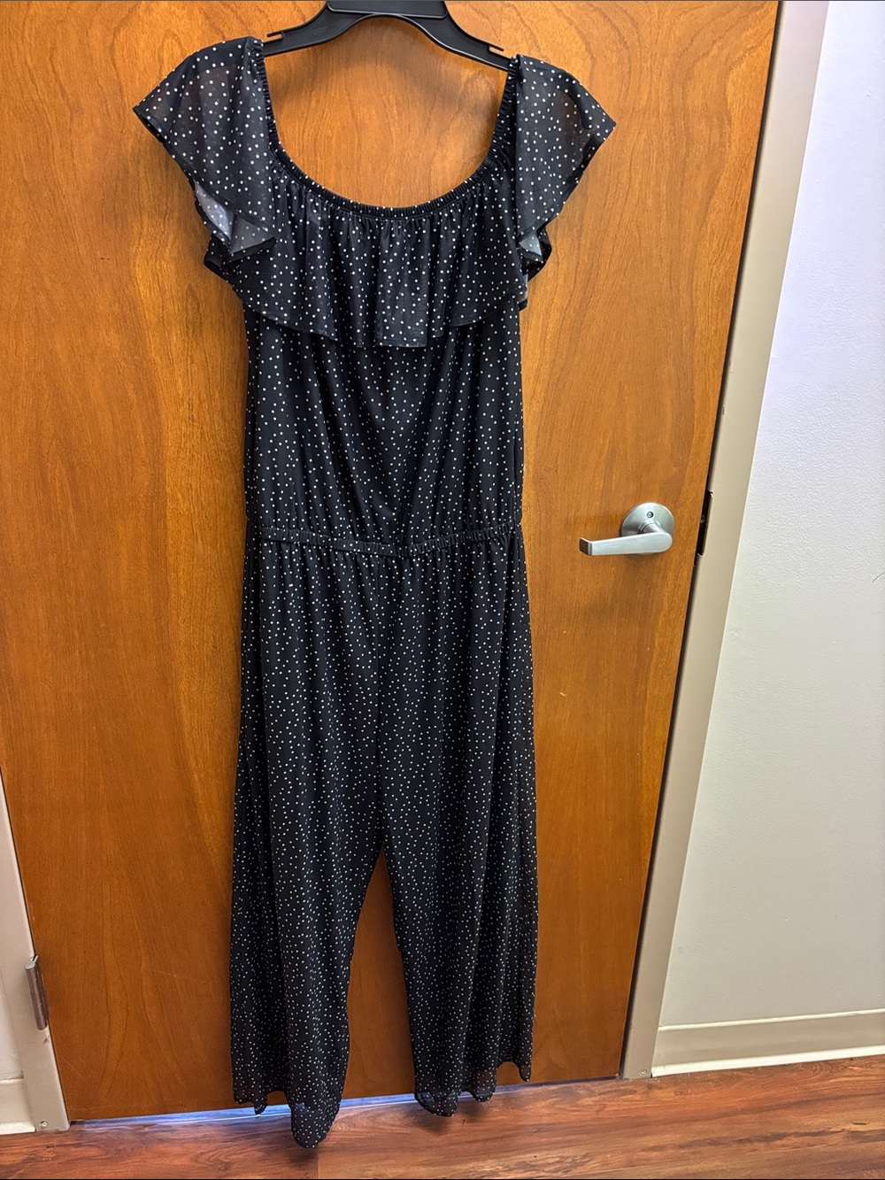 Tribal Black Polka Dot Ruffle-Shoulder Jumpsuit